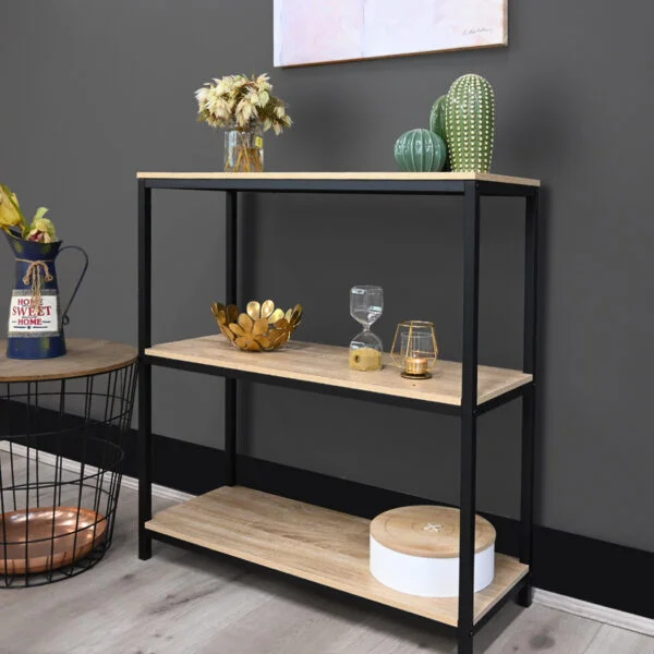 Rome Industrial Style Oak 3-Tier Storage Bookshelf Natural wood with Black Frame