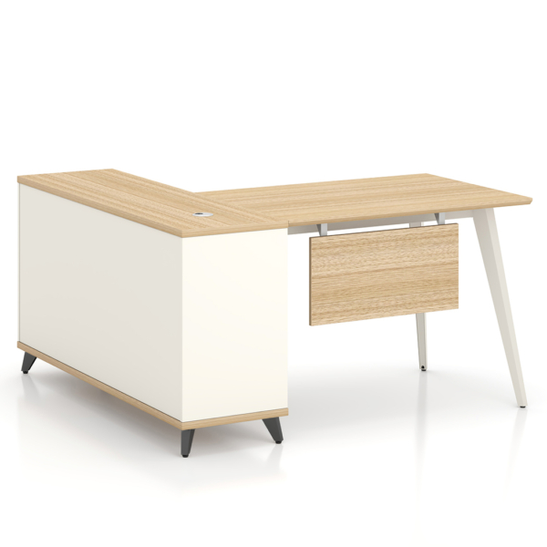 Esma 1.4m L-shaped Executive Desk Rhine Light Oak and White - OwlNest