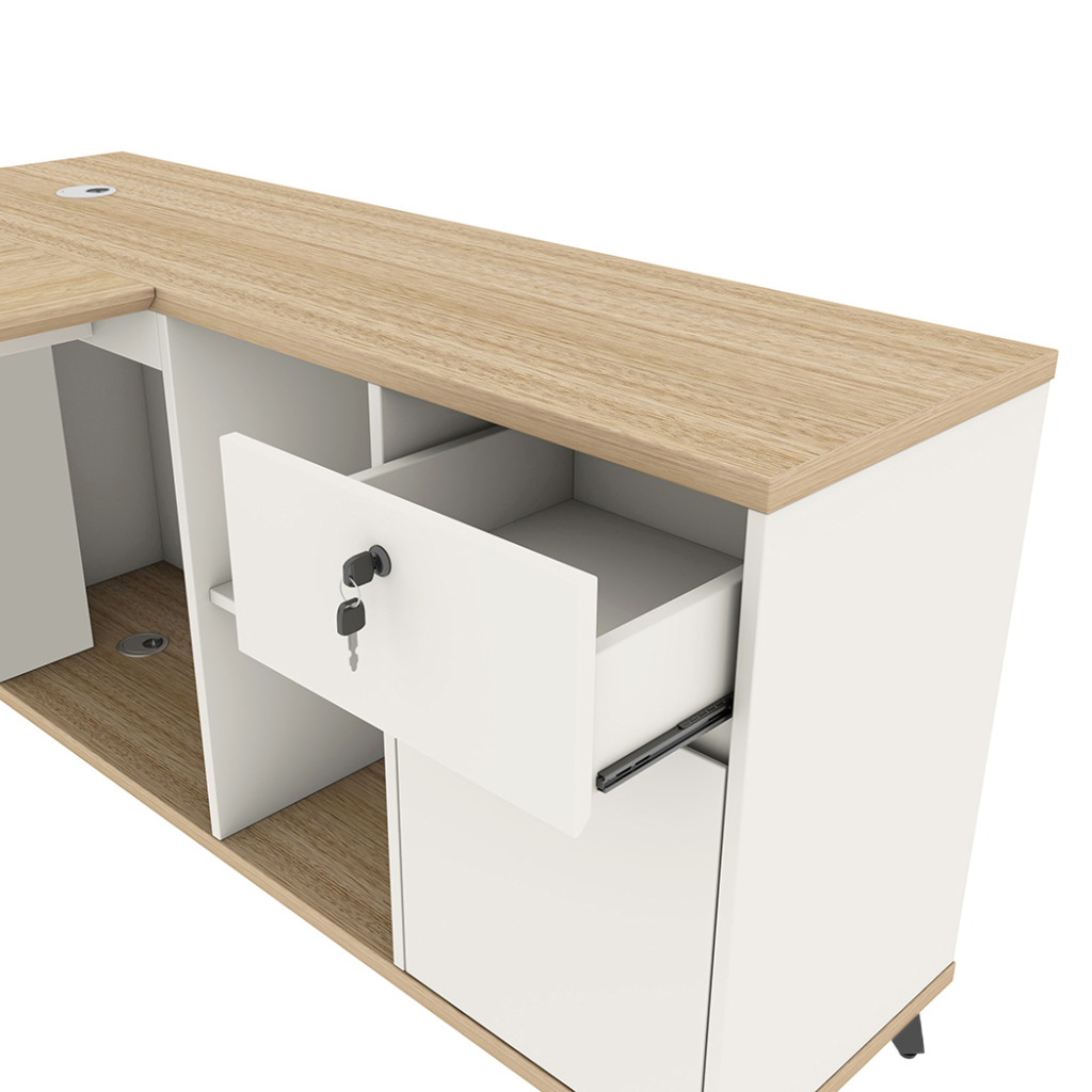 Esma 1.4m L-shaped Executive Desk Rhine Light Oak and White - OwlNest