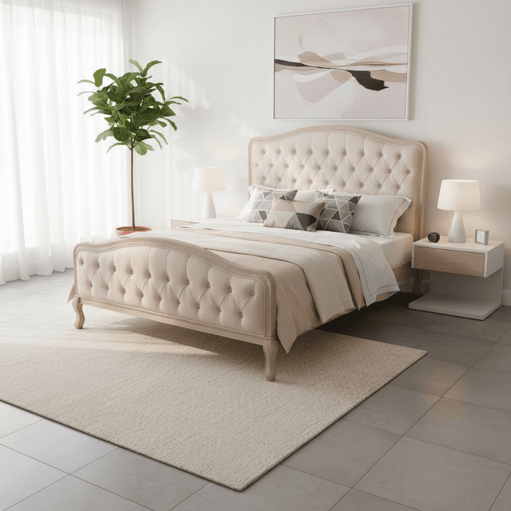 Owlnest_BO070_Charme-Button-Tufted-Oak-Bed-Frame_bedroom.png Charme Bed Frame French Style Queen Size - Image 1